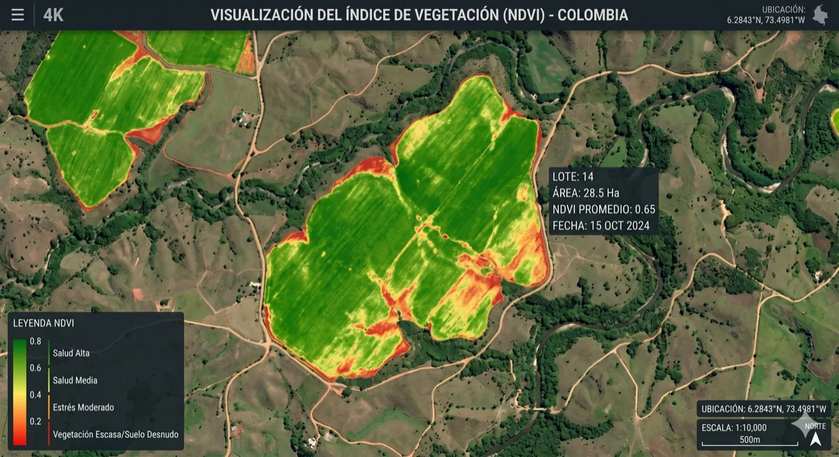 Mapa NDVI histórico de una finca colombiana mostrando zonas de mayor y menor productividad