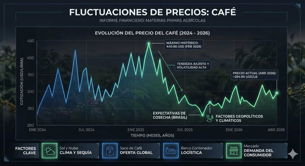 Gráfico de volatilidad de precios del café impactado por eventos climáticos 2024-2026